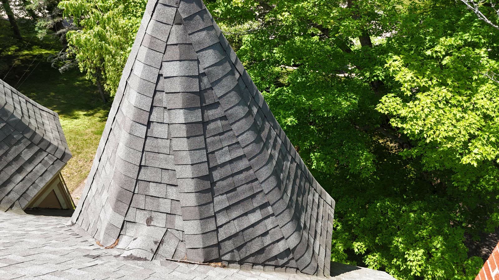 Aerial view of cone turret roof before replacement