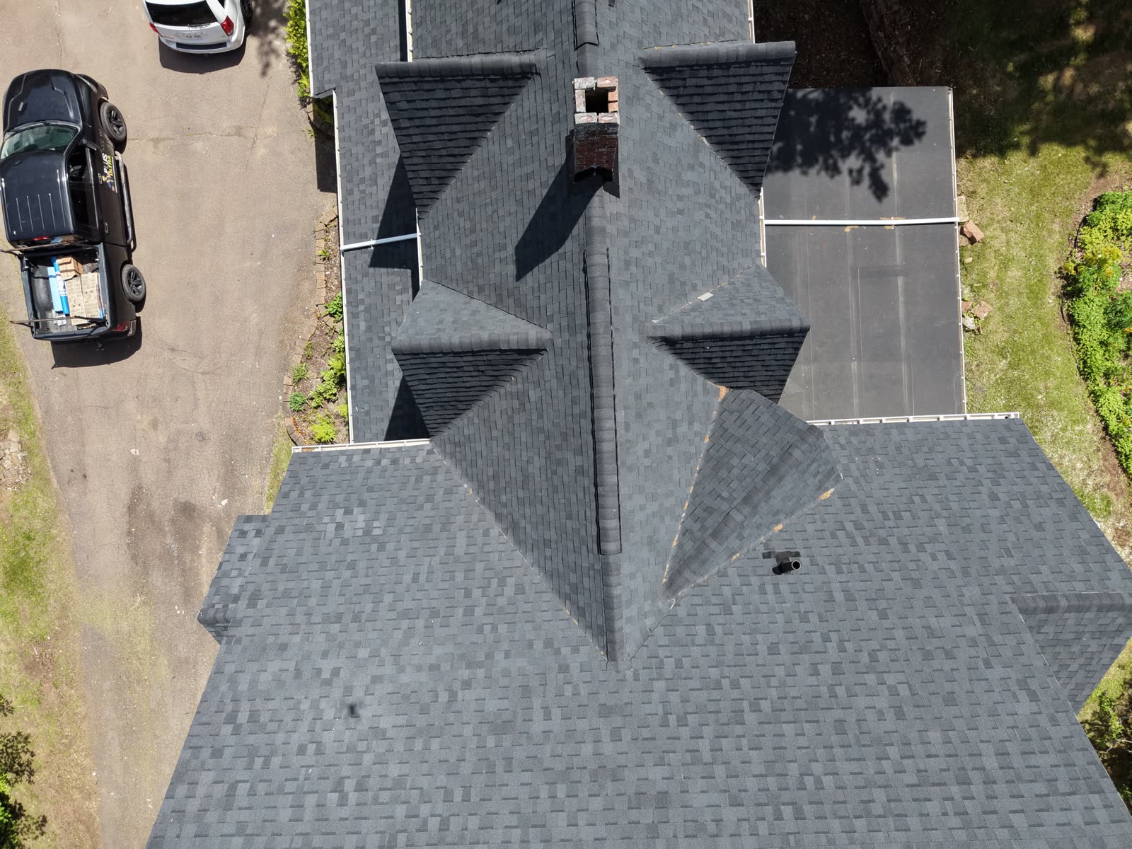 Aerial view of twin turret roof after replacement